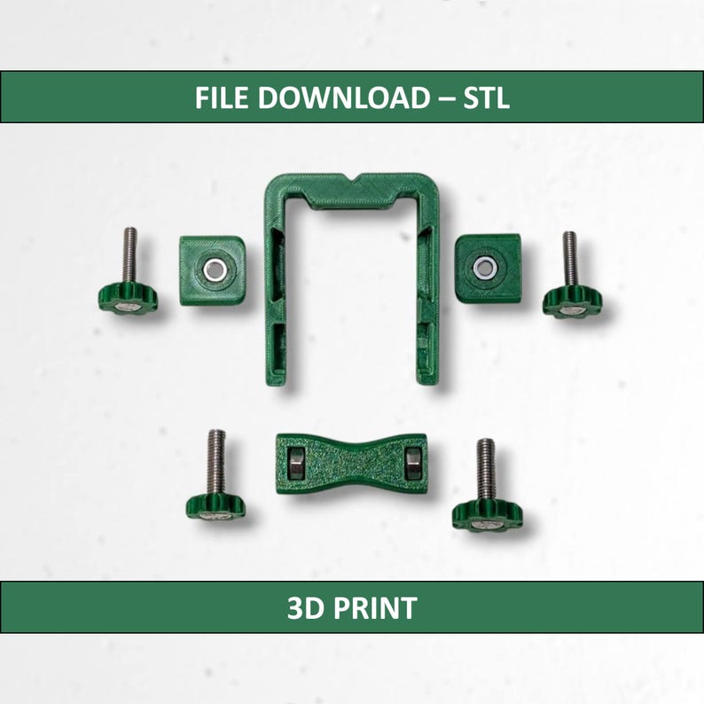 May include: A collection of green 3D-printed parts, including a U-shaped bracket, two square pieces, a connecting piece, and four thumb screws. The text "FILE DOWNLOAD - STL" and "3D PRINT" are displayed in green banners.