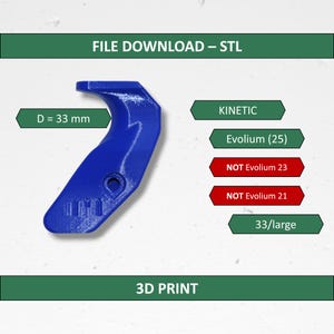 以下が含まれることがあります： D = 33 mmの測定ラベルが付いた青い3Dプリント部品。テキストには、FILE DOWNLOAD – STL、KINETIC、Evolium (25)、NOT Evolium 23、NOT Evolium 21、33/large、3D PRINTが含まれています。このオブジェクトは、円形の穴がある湾曲した形状をしています。