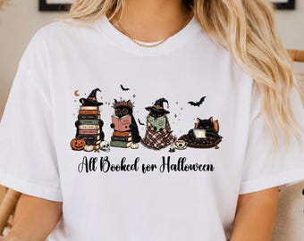 All Booked for Halloween Shirt, Spooky Season Tee, Cat and Book Lovers Gift