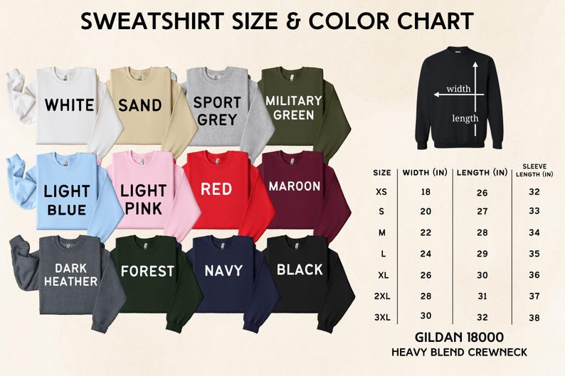 The image is a color chart for a collection of sweatshirts, displaying various colors and sizes along with corresponding measurements.
