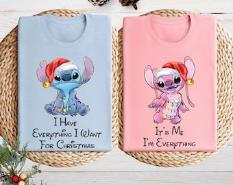 Stitch & Angel Christmas Couple Shirts, Matching Holiday Tees, Xmas Light T-Shirt