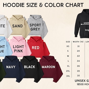 The image is a color chart for hoodie sizes and colors, displaying various hoodie styles and their corresponding sizes and colors.