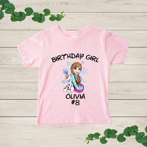 a pink birthday girl shirt with a picture of a girl on it