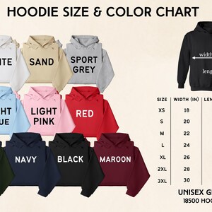 The image is a color chart for hoodie sizes and colors, displaying various hoodie styles and their corresponding sizes and colors.