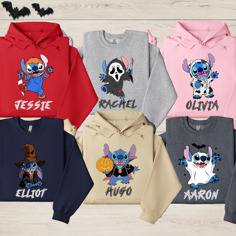 A collection of seven cartoon character-themed sweatshirts, each featuring a different character from the Lilo and Stitch cartoon series.