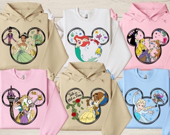 Disney Princess Sweatshirt, Disney Princess Girls Matching Shirt, Disney Princess Trip Shirt, Tinkerbell, Belle, Jasmine, Tiana, Cinderella