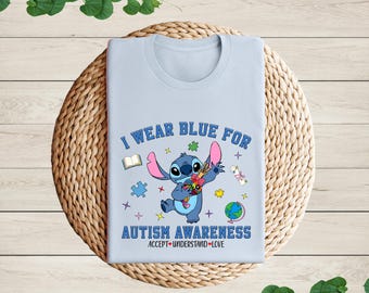 I Wear Blue for Autism Awareness Shirt, Stitch Autism Awareness Shirt, Stitch Support Shirt, Disney Characters Autism Support Shirt