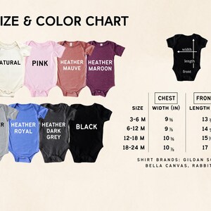 The image is a color chart for baby sizes and corresponding colors, with a separate chart for the corresponding sizes and corresponding colors.