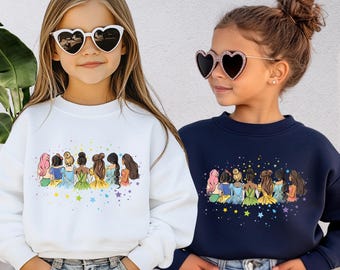 Sudadera de princesas Disney, sudadera con capucha para fiesta de cumpleaños de Disney, camiseta a juego para niñas Disney: Campanilla, Aurora, Rapunzel, Tiana, Cenicienta