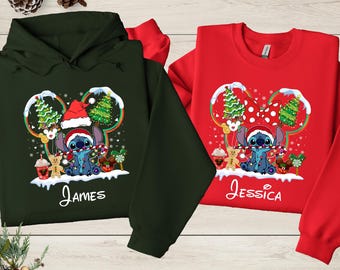 Lilo and Stitch Christmas Matching Sweatshirt, Christmas Lights Hoodie, Disney Xmas Sweater, Xmas Group Shirt, Funny Stitch T-Shirt