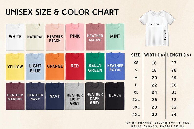The image is a color chart that displays various unisex t-shirt colors and sizes, along with corresponding widths.