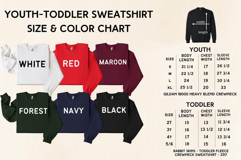 The image is a size and color chart for a youth-toddler sweatshirt, displaying various sizes and colors along with corresponding measurements.