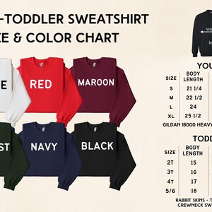 The image is a size and color chart for a youth-toddler sweatshirt, displaying various sizes and colors along with corresponding measurements.