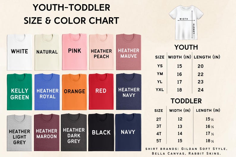 The image is a size and color chart for youth-toddler shirts, displaying various shirt colors and sizes for different age groups.