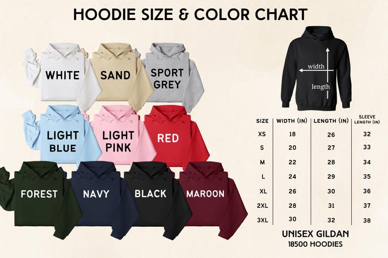 The image is a color chart for hoodie sizes and colors, displaying various hoodie styles and their corresponding sizes and colors.
