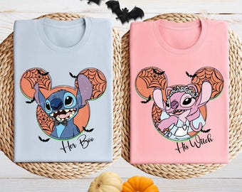 Disney Stitch Angel Halloween Shirt, Stitch Angel Halloween Matching Tee, His Witch Her Boo Shirt, Halloween Couple Shirt, Disney Halloween