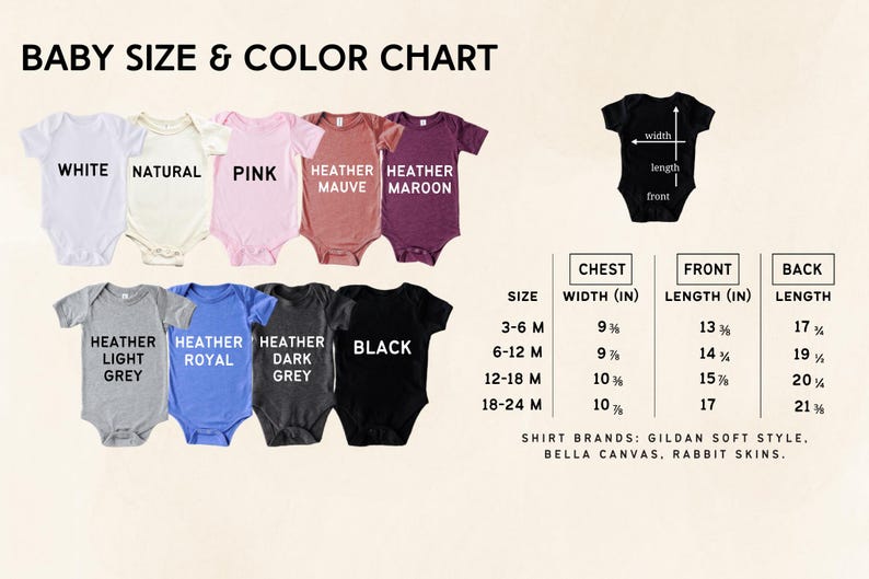The image is a color chart for baby sizes and corresponding colors, with a separate chart for the corresponding sizes and corresponding colors.