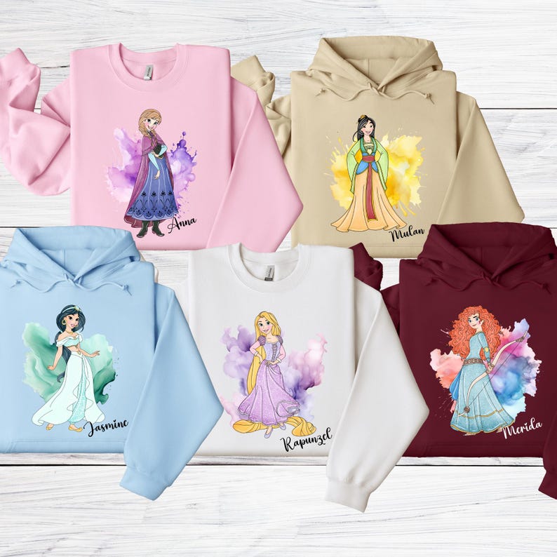 Sudadera de princesas Disney, sudadera con capucha para fiesta de cumpleaños de Disney, camiseta a juego para niñas Disney, Campanilla, Aurora, Rapunzel, Tiana, Moana, Bella imagen 2