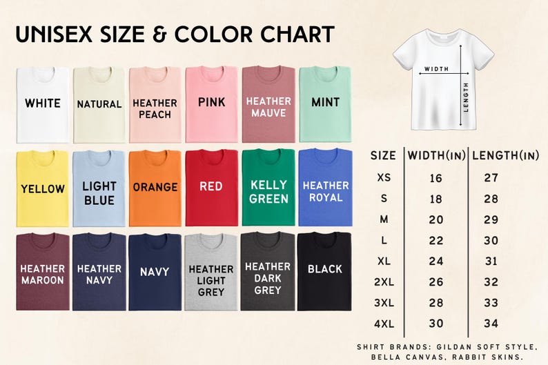 The image is a color chart that displays various unisex t-shirt colors and sizes, along with corresponding widths.