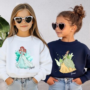 Sudadera de princesas Disney, sudadera con capucha para fiesta de cumpleaños de Disney, camiseta a juego para niñas Disney, Campanilla, Aurora, Rapunzel, Tiana, Moana, Bella imagen 3