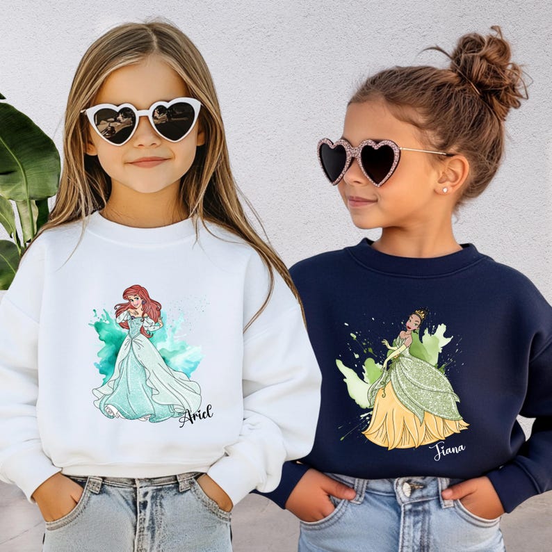 Sudadera de princesas Disney, sudadera con capucha para fiesta de cumpleaños de Disney, camiseta a juego para niñas Disney, Campanilla, Aurora, Rapunzel, Tiana, Moana, Bella imagen 3