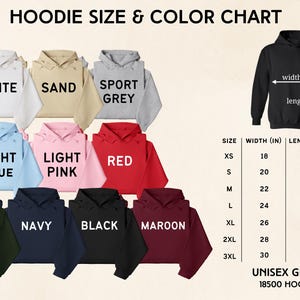 The image is a color chart for hoodie sizes and colors, displaying various hoodie styles and their corresponding sizes and colors.