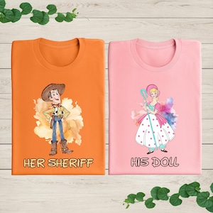 Camiseta de pareja de Toy Story, camiseta a juego de pareja de Woody y Bo Peep, camiseta de San Valentín de Toy Story, camiseta de su sheriff y su muñeca, camiseta a juego de pareja de Disney imagen 2