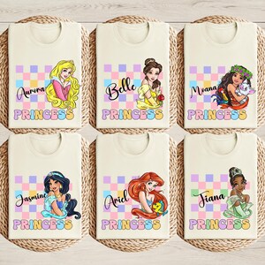 Disney Princess Checkered Shirt, Disney Princess Birthday Shirt, Watercolor Princess Shirt, Princess Matching Tee, Tiana, Ariel, Tinkerbell