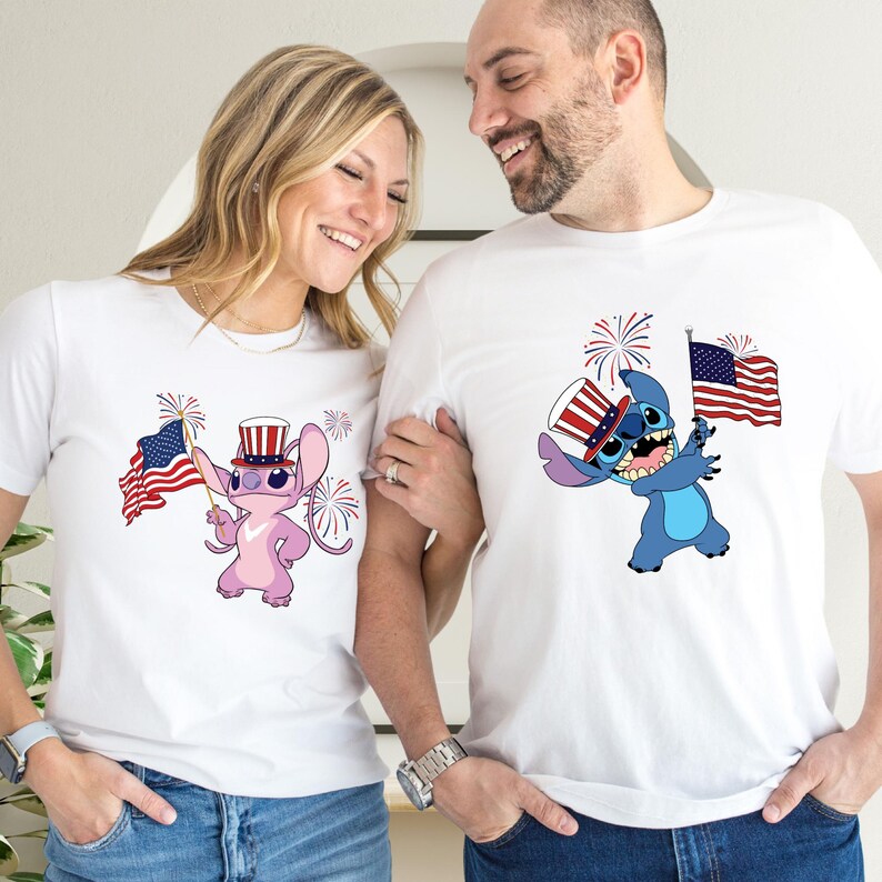 a man and a woman wearing matching shirts