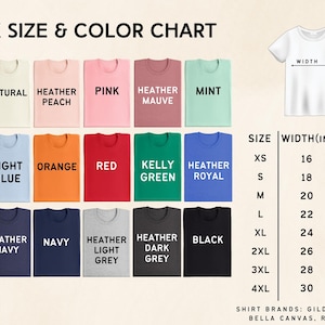 The image is a color chart that displays various unisex t-shirt colors and sizes, along with corresponding widths.