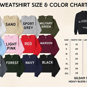 The image is a color chart for a collection of sweatshirts, displaying various colors and sizes along with corresponding measurements.