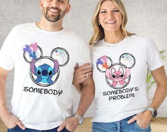 Camiseta de pareja de Stitch y ángel, camiseta a juego de Stitch, camiseta a juego de pareja de Disney, camiseta de San Valentín de Stitch, camiseta de San Valentín de Disney