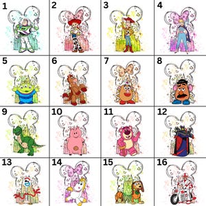 a number of cartoon characters with numbers on them