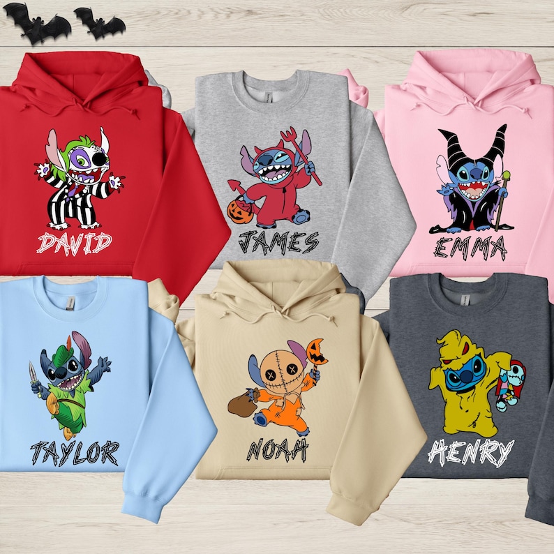 A collection of seven colorful hoodies featuring characters from the Disney movie "Stitch". The hoodies have unique designs and names, such as "DAVID", "JAMES", "EMMA", "TAYLOR", "NOAH", and "HENRY".