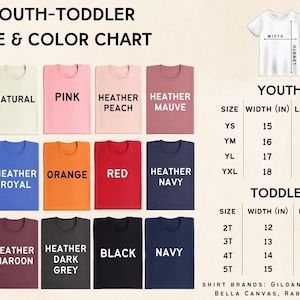 The image is a size and color chart for youth-toddler shirts, displaying various shirt colors and sizes for different age groups.