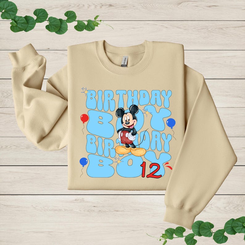a birthday sweatshirt with a mickey mouse on it