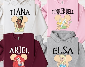 Disney Princess Sweatshirt, Disney Birthday Party Hoodie, Disney Girls Matching Shirt, Tinkerbell, Aurora, Rapunzel, Tiana, Cinderella