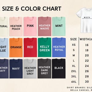 The image is a color chart that displays various unisex t-shirt colors and sizes, along with corresponding widths.