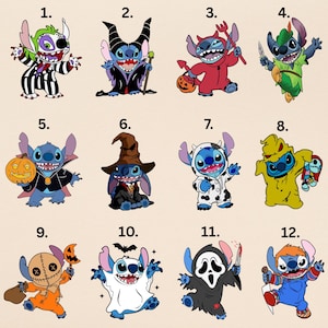 a collection of 12 cartoon character illustrations, each depicting a different Halloween-themed character. The characters are dressed in various costumes and are shown in different poses, creating a diverse and engaging visual display.