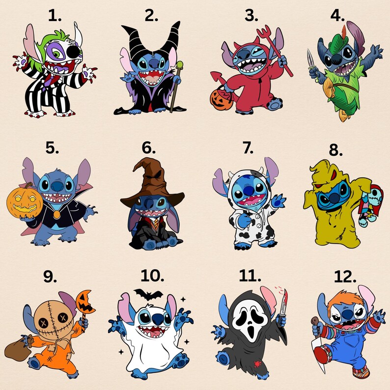 a collection of 12 cartoon character illustrations, each depicting a different Halloween-themed character. The characters are dressed in various costumes and are shown in different poses, creating a diverse and engaging visual display.