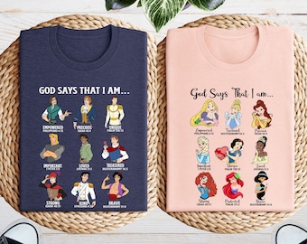 Camiseta de princesa Disney "Dios dice que soy", camiseta de personaje de princesa Disney, camiseta de viaje a Disneyland, camiseta a juego de príncipes y princesas Disney
