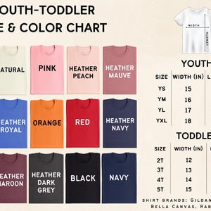 The image is a size and color chart for youth-toddler shirts, displaying various shirt colors and sizes for different age groups.