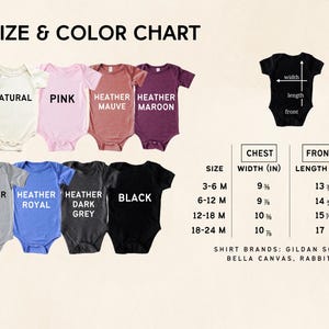 The image is a color chart for baby sizes and corresponding colors, with a separate chart for the corresponding sizes and corresponding colors.