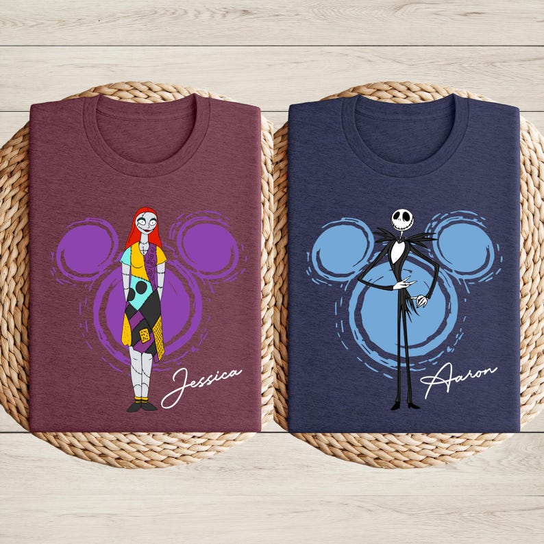two t-shirts with cartoon characters from the movie " jack Skellington and Sally" printed on them.