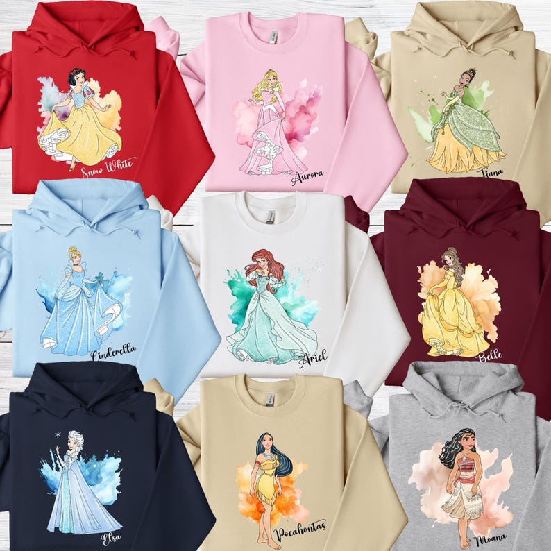 Sudadera de princesas Disney, sudadera con capucha para fiesta de cumpleaños de Disney, camiseta a juego para niñas Disney, Campanilla, Aurora, Rapunzel, Tiana, Moana, Bella imagen 1