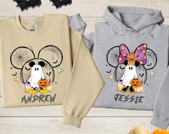 Mickey Minnie Halloween Ghost Sweatshirt, Personalized Couple Matching Hoodie, Custom Name Halloween Shirt