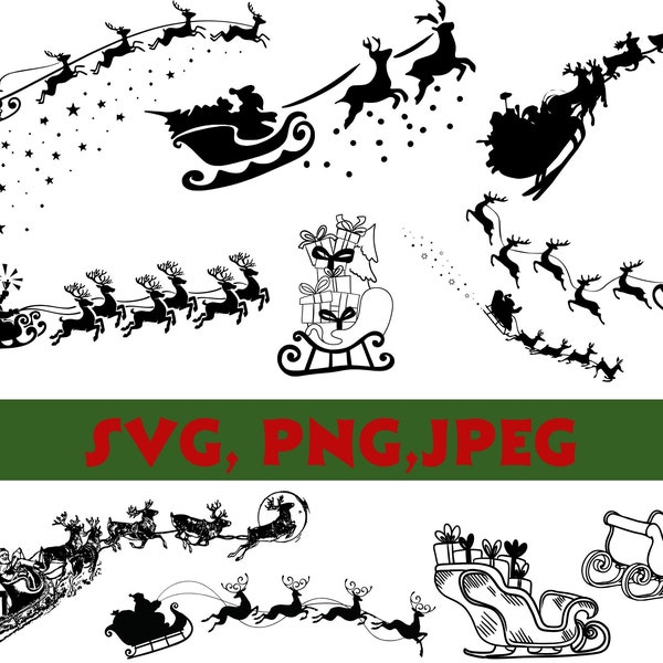 Santa's Sleigh SVG / Sleigh Svg Christmas / Santa and Reindeer Silhouette Cut File / Christmas Eve SVG / Commercial Use Cut File / Christmas