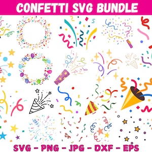 Könnte beinhalten: Eine Sammlung farbenfroher Konfetti- und Partykanonen-Illustrationen. Der Text "CONFETTI SVG BUNDLE" und "SVG - PNG - JPG - DXF - EPS" ist enthalten. Die Illustrationen zeigen Sterne, Luftschlangen und Konfetti in verschiedenen Farben für Feiern.