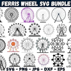 以下が含まれることがあります： さまざまなスタイルの観覧車のデザインのコレクション。画像には、黒と白の線画があり、紫色の観覧車が1つあります。「FERRIS WHEEL SVG BUNDLE」というテキストが上部にあり、「SVG - PNG - JPG - DXF - EPS」が下部にあります。