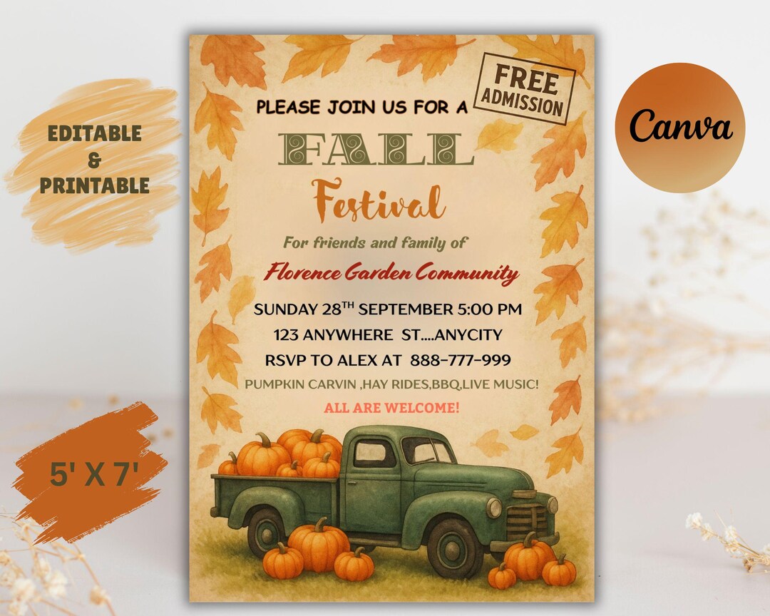 Fall Rally Invite Fall Festival Party Invitation: Harvest Pumpkin Truck (editable Canva ...